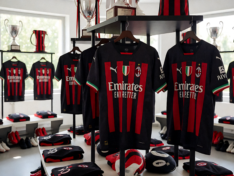 米兰球队更衣室与球衣陈列的俱乐部氛围画面